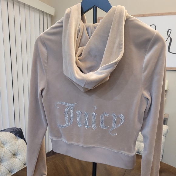 Juicy Couture Tops - Juicy Couture Beige Velour Hoodie with Rhinestone Logo